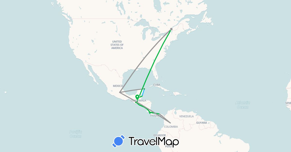 TravelMap itinerary: driving, bus, plane, boat in Belize, Canada, Colombia, Costa Rica, Guatemala, Mexico, Nicaragua, Panama, El Salvador (North America, South America)